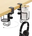 2 in 1 Desk Cup Holder with Headphone Hanger Holder, Anti-Spill Clip-On Table Cup Hook with 360° Rotation for Office Home Table